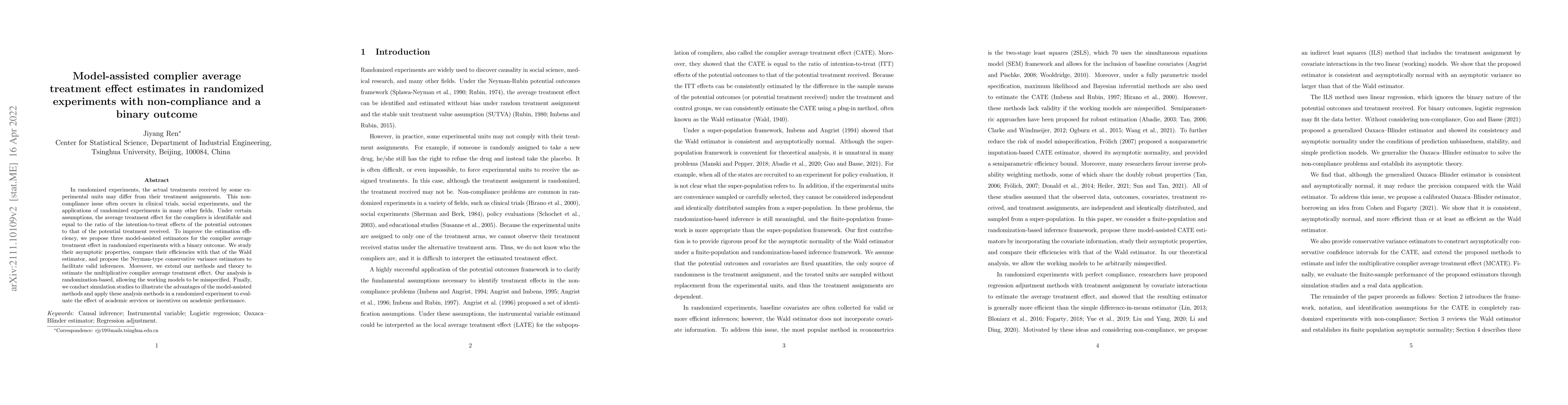 Thumbnail for Model-assisted complier average treatment effect estimates in randomized
  experiments with non-compliance and a binary outcome