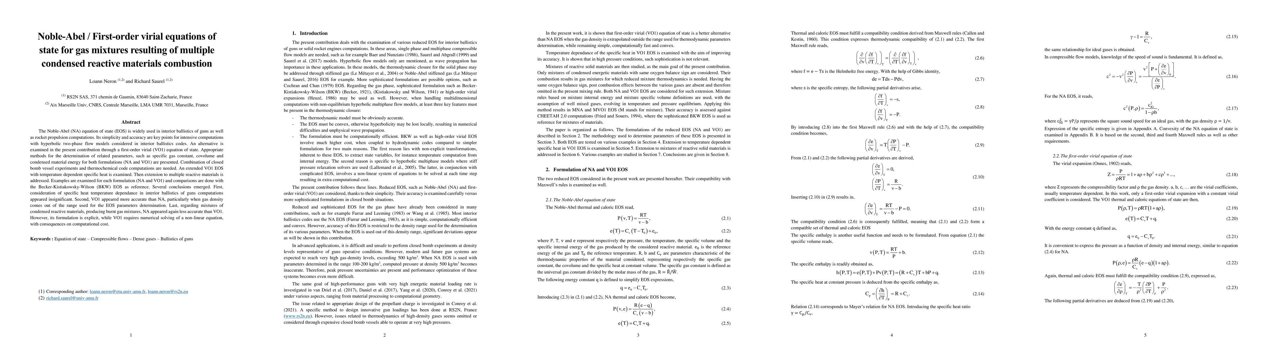 Thumbnail for Noble-Abel / First-order virial equations of state for gas mixtures
  resulting of multiple condensed reactive materials combustion