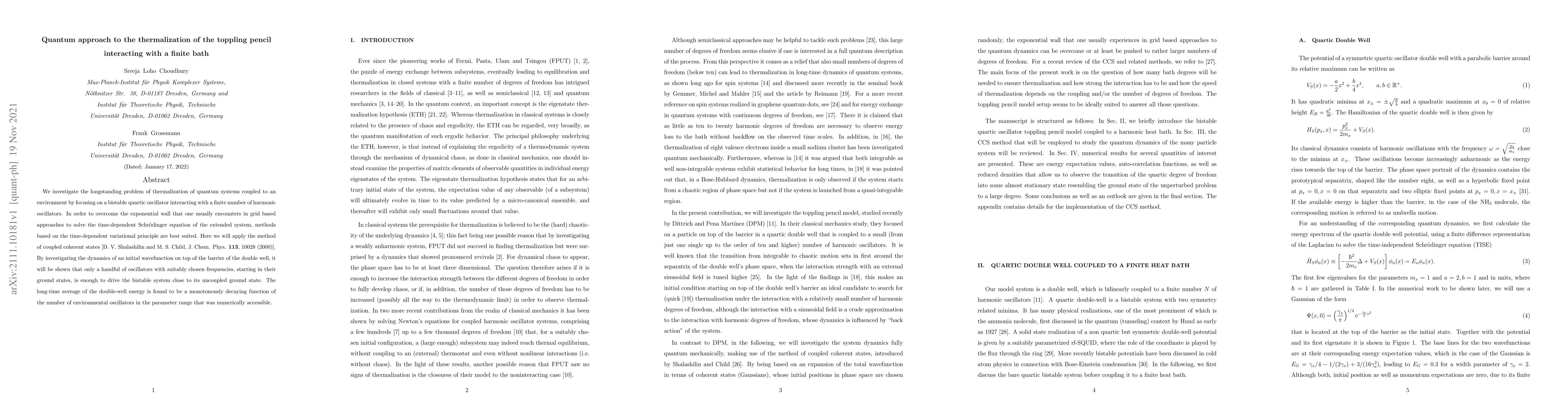 Thumbnail for Quantum approach to the thermalization of the toppling pencil
  interacting with a finite bath
