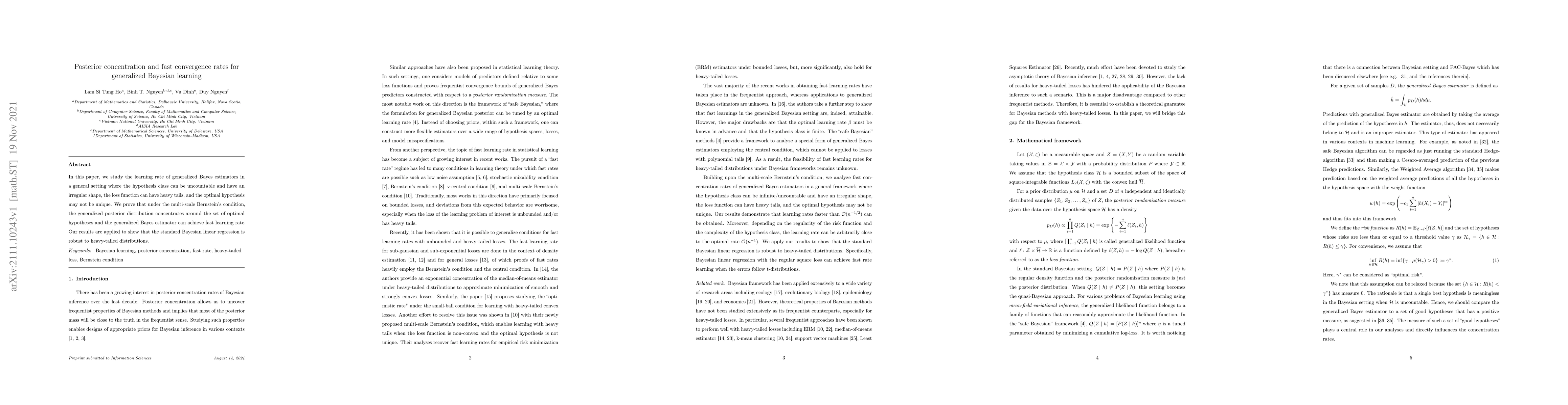 Thumbnail for Posterior concentration and fast convergence rates for generalized
  Bayesian learning