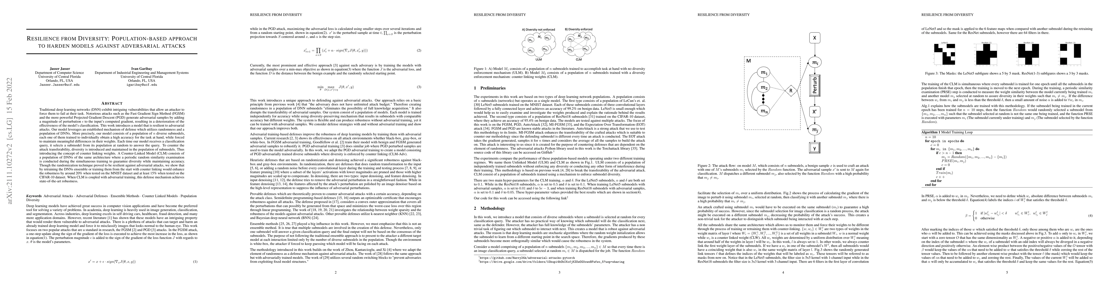 Thumbnail for Resilience from Diversity: Population-based approach to harden models
  against adversarial attacks