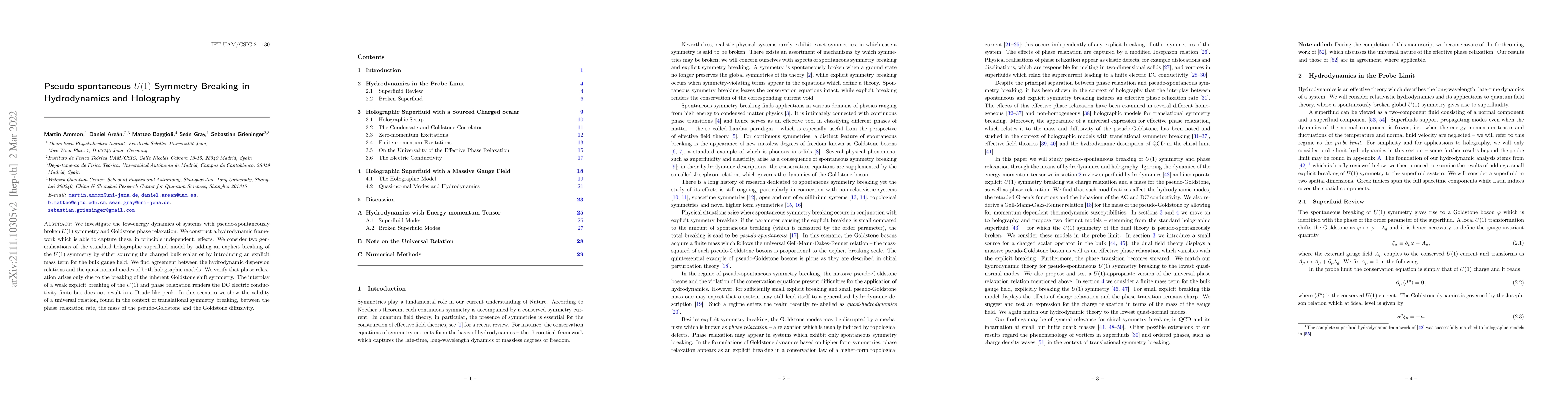 Thumbnail for Pseudo-spontaneous $U(1)$ Symmetry Breaking in Hydrodynamics and
  Holography