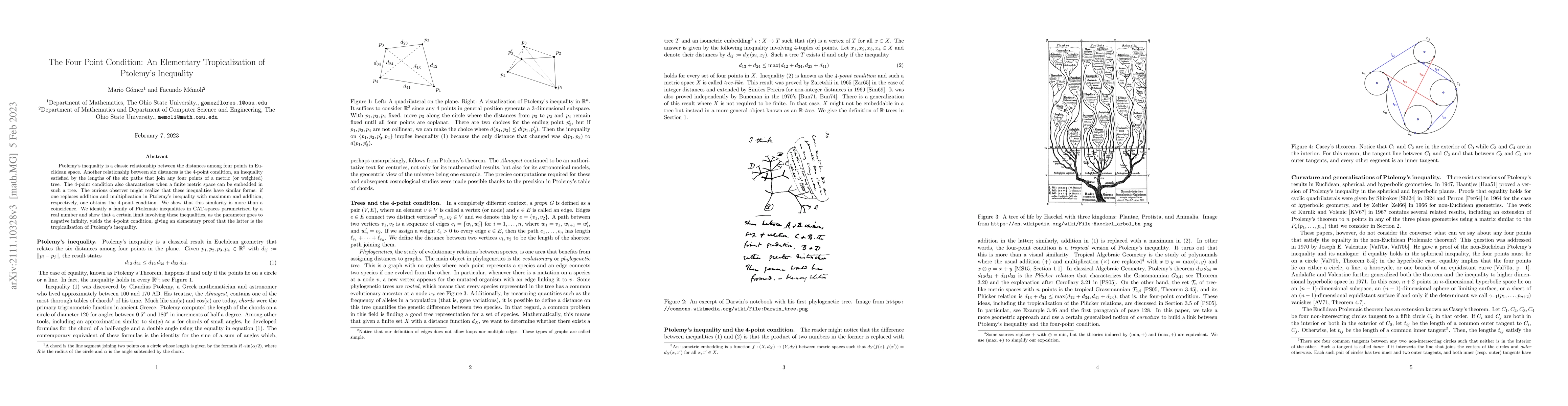 Thumbnail for The Four Point Condition: An Elementary Tropicalization of Ptolemy's
  Inequality