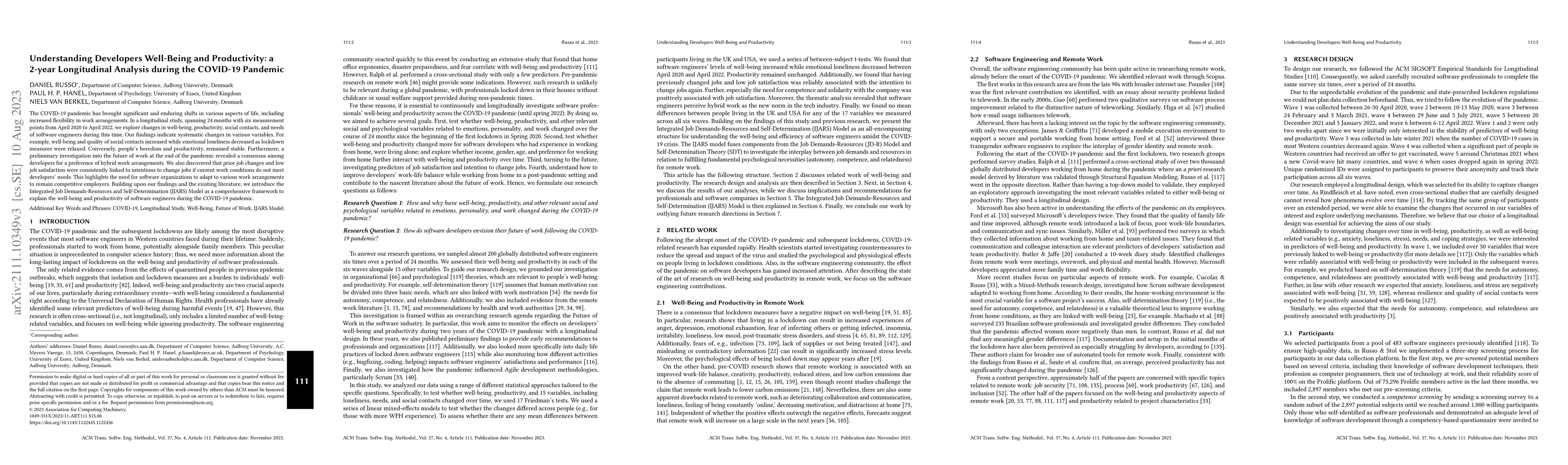 Thumbnail for Understanding Developers Well-Being and Productivity: a 2-year
  Longitudinal Analysis during the COVID-19 Pandemic