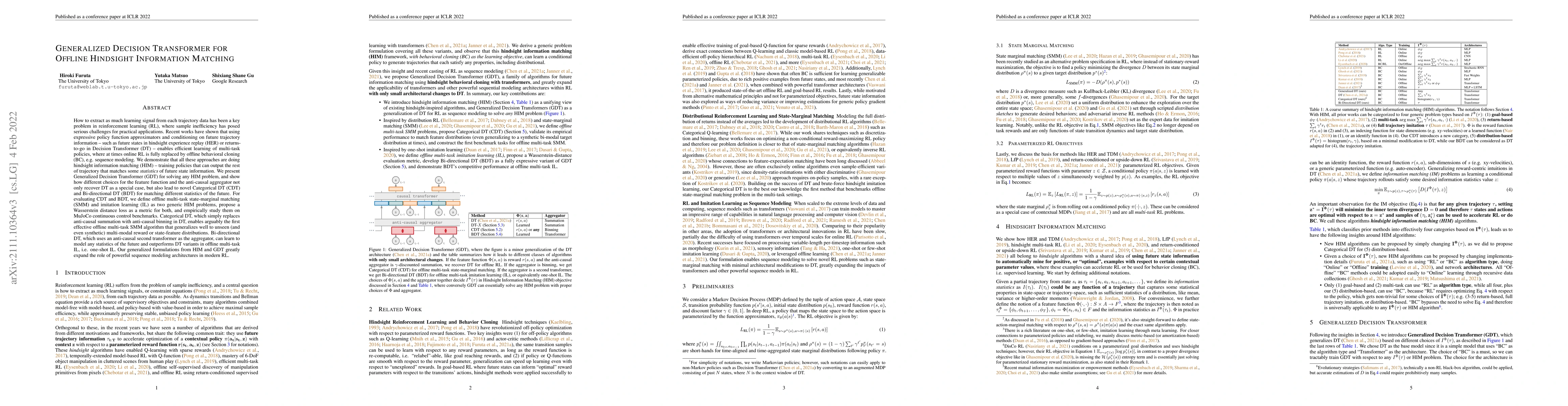 Thumbnail for Generalized Decision Transformer for Offline Hindsight Information
  Matching