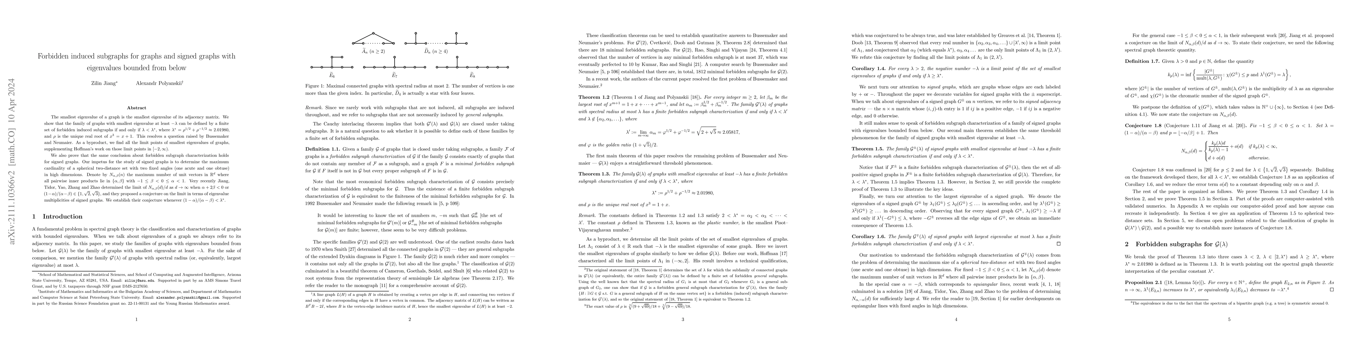Thumbnail for Forbidden induced subgraphs for graphs and signed graphs with
  eigenvalues bounded from below