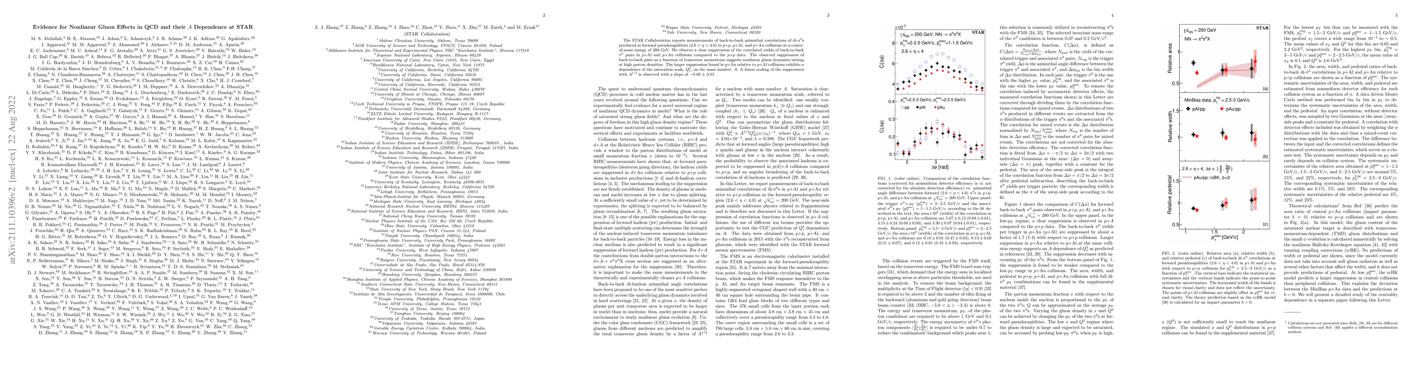 Thumbnail for Evidence for Nonlinear Gluon Effects in QCD and their $A$ Dependence at
  STAR