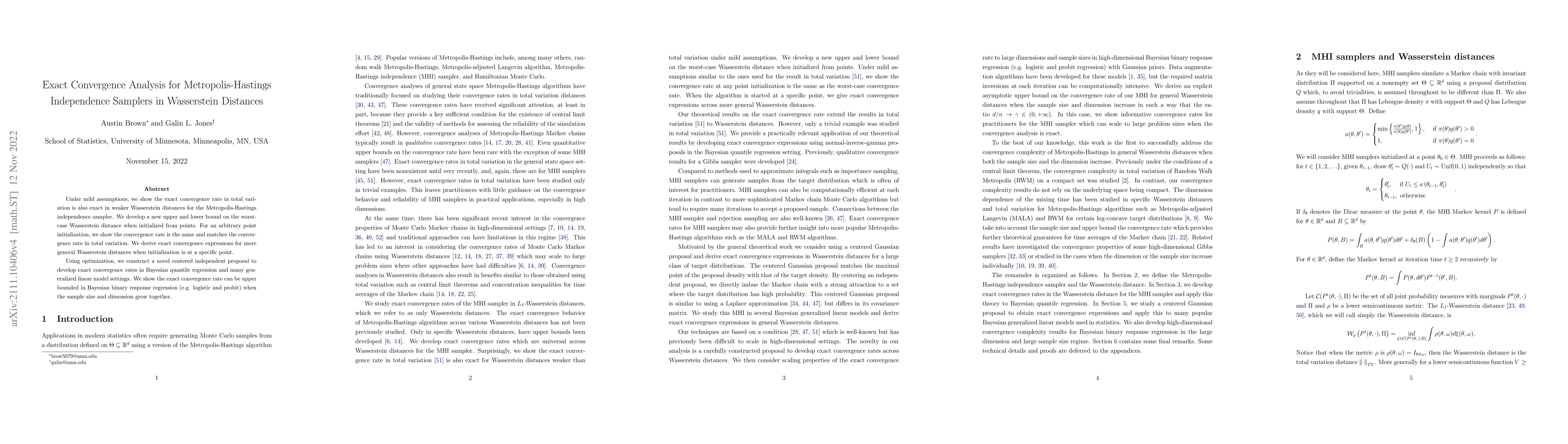 Thumbnail for Exact Convergence Analysis for Metropolis-Hastings Independence Samplers
  in Wasserstein Distances