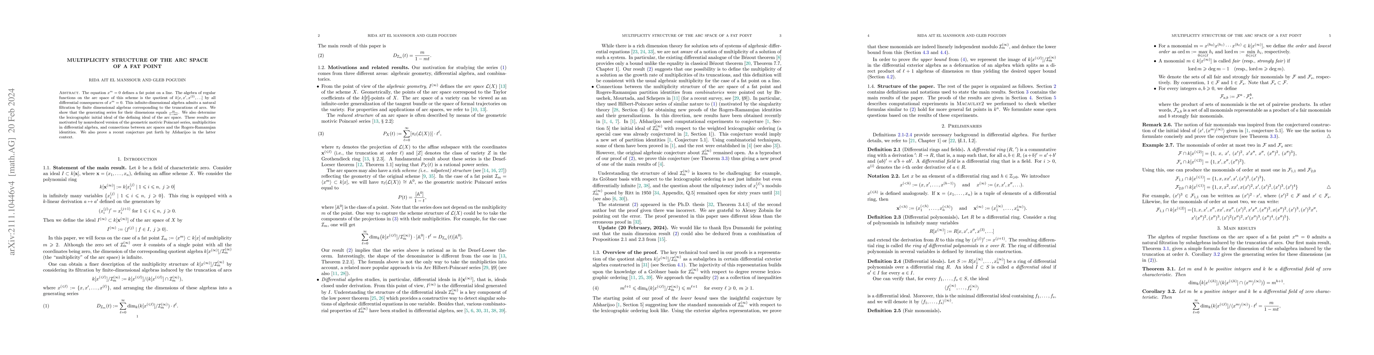 Thumbnail for Multiplicity structure of the arc space of a fat point