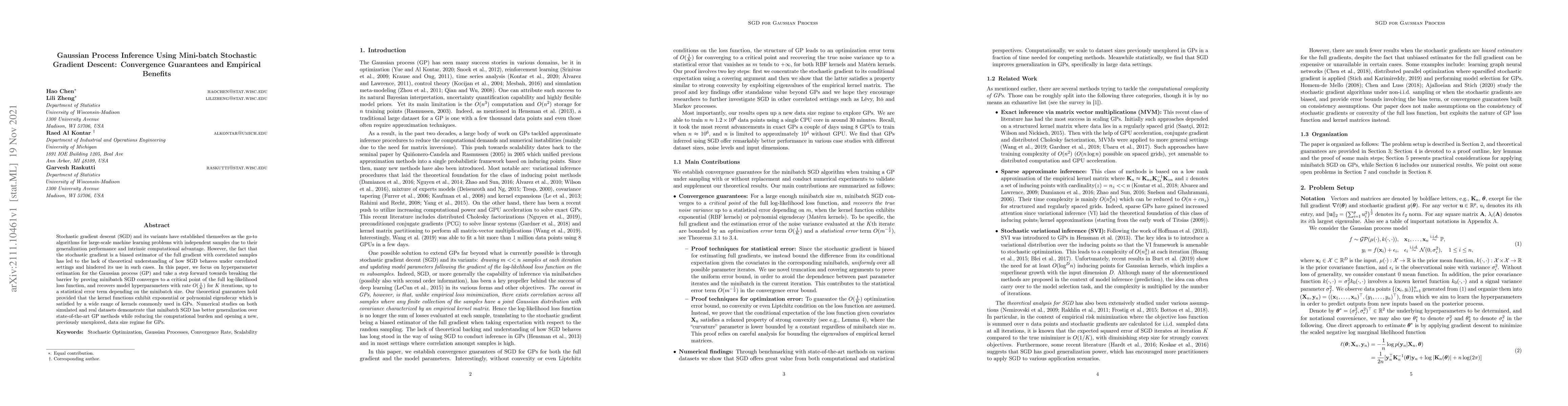 Thumbnail for Gaussian Process Inference Using Mini-batch Stochastic Gradient Descent:
  Convergence Guarantees and Empirical Benefits