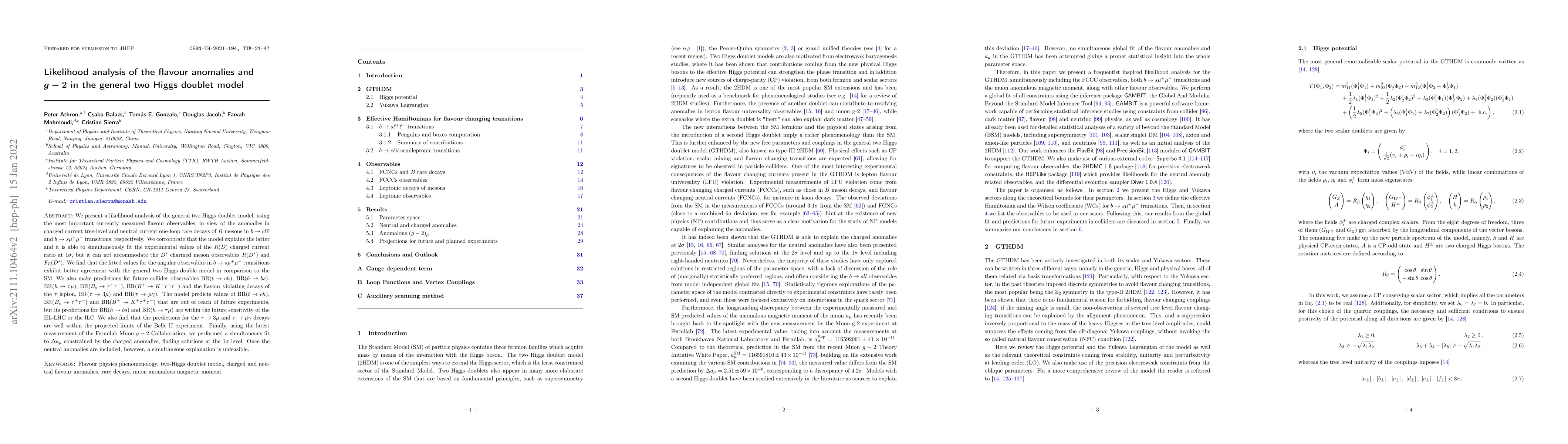 Thumbnail for Likelihood analysis of the flavour anomalies and $g-2$ in the general
  two Higgs doublet model