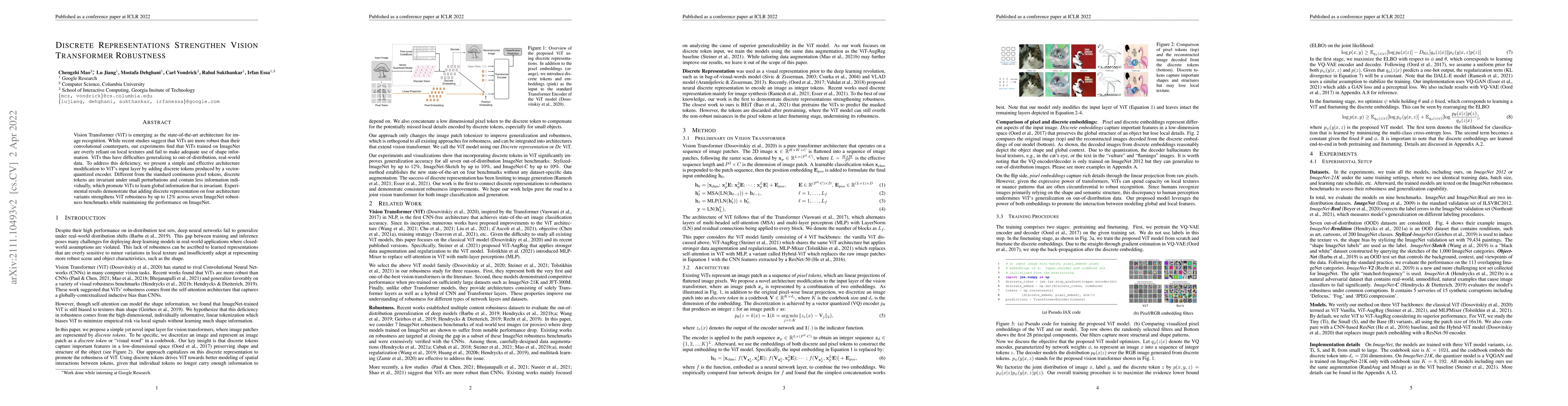 Thumbnail for Discrete Representations Strengthen Vision Transformer Robustness