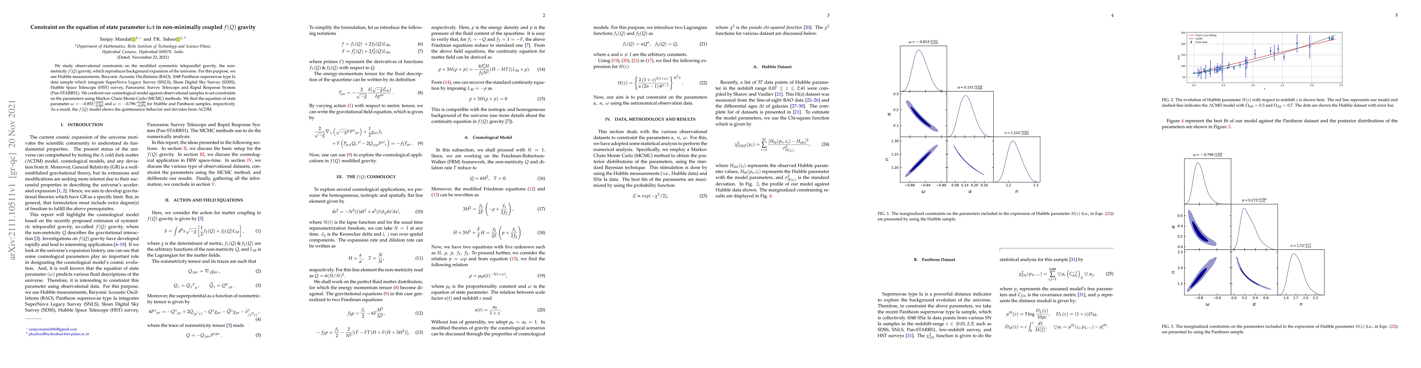 Thumbnail for Constraint on the equation of state parameter ($\omega$) in
  non-minimally coupled $f(Q)$ gravity