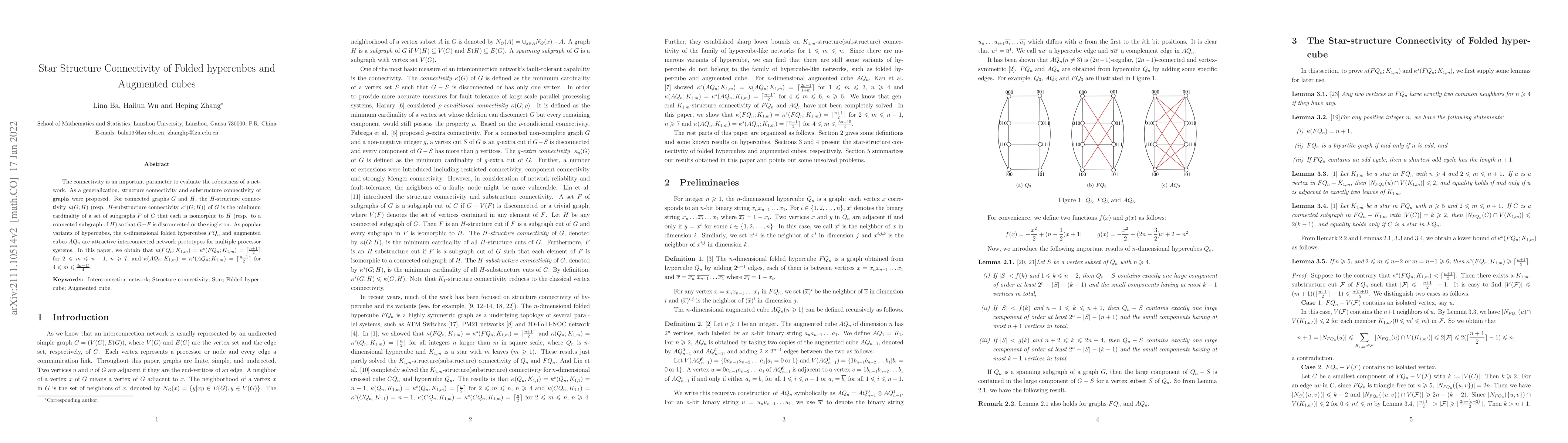 Thumbnail for Star Structure Connectivity of Folded hypercubes and Augmented cubes