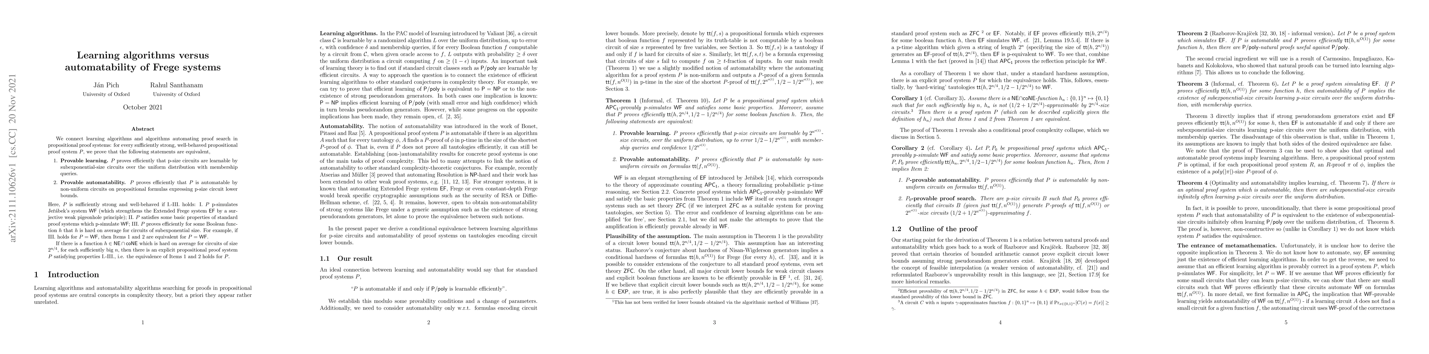 Thumbnail for Learning algorithms versus automatability of Frege systems