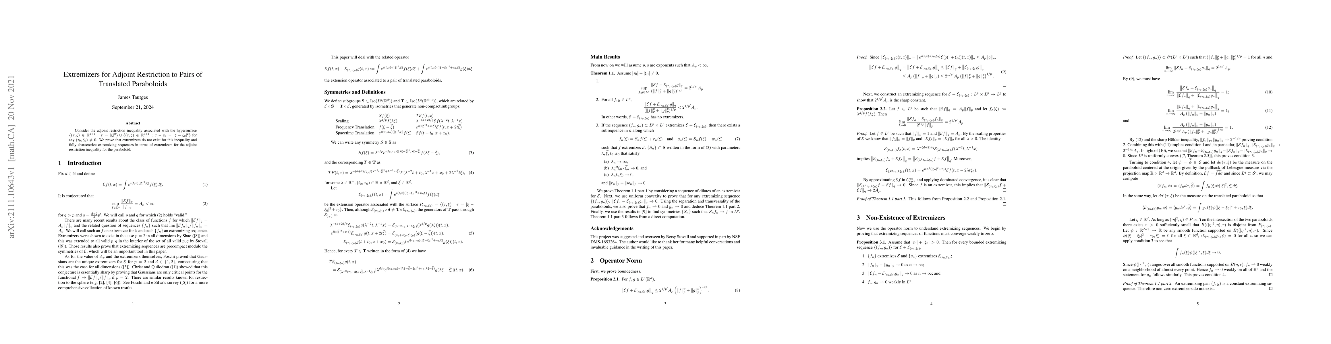 Thumbnail for Extremizers for Adjoint Restriction to Pairs of Translated Paraboloids
