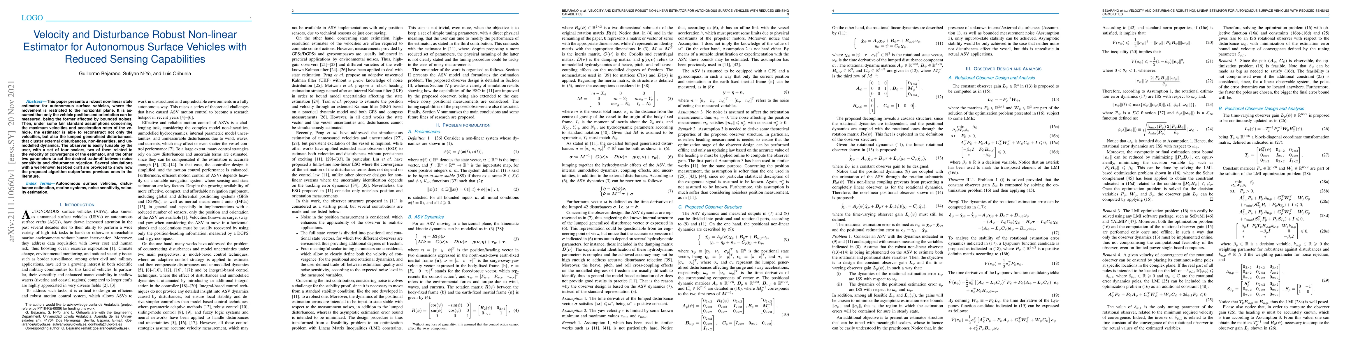 Thumbnail for Velocity and Disturbance Robust Non-linear Estimator for Autonomous
  Surface Vehicles with Reduced Sensing Capabilities