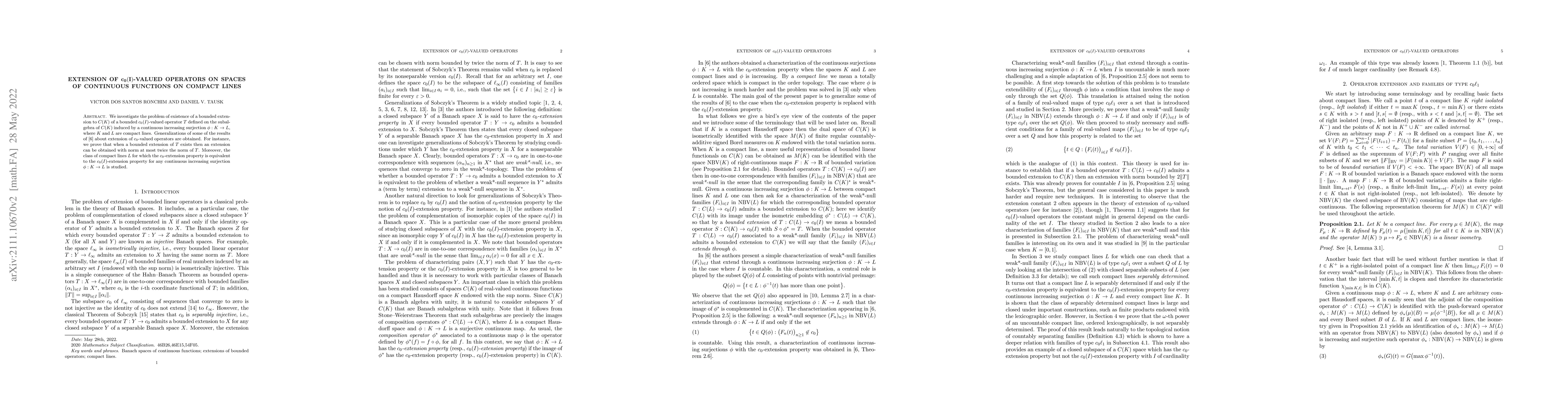 Thumbnail for Extension of $c_0(I)$-valued operators on spaces of continuous functions
  on compact lines