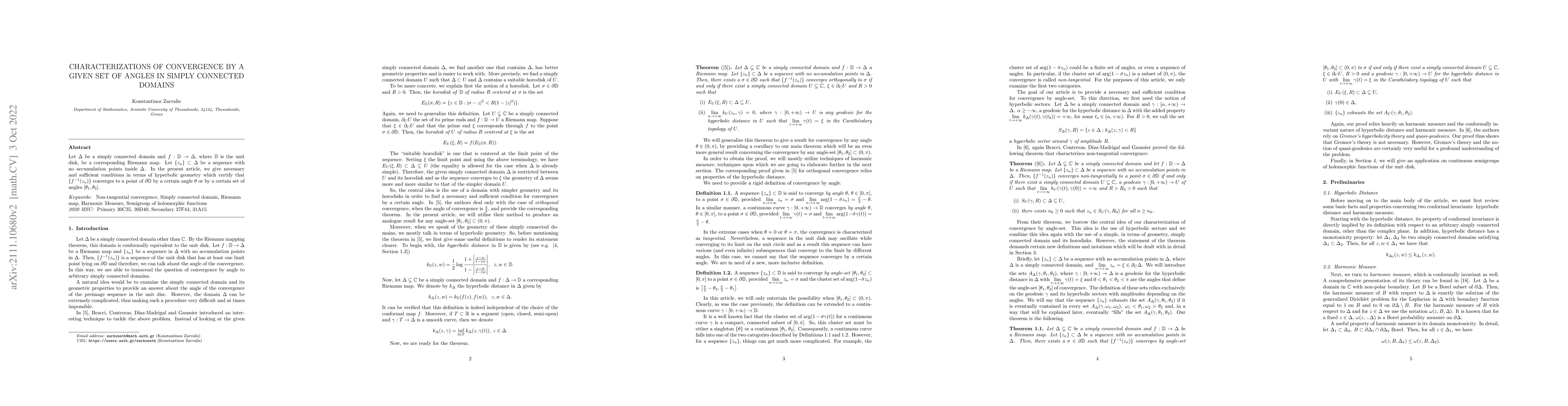 Thumbnail for Characterizations of convergence by a given set of angles in simply
  connected domains