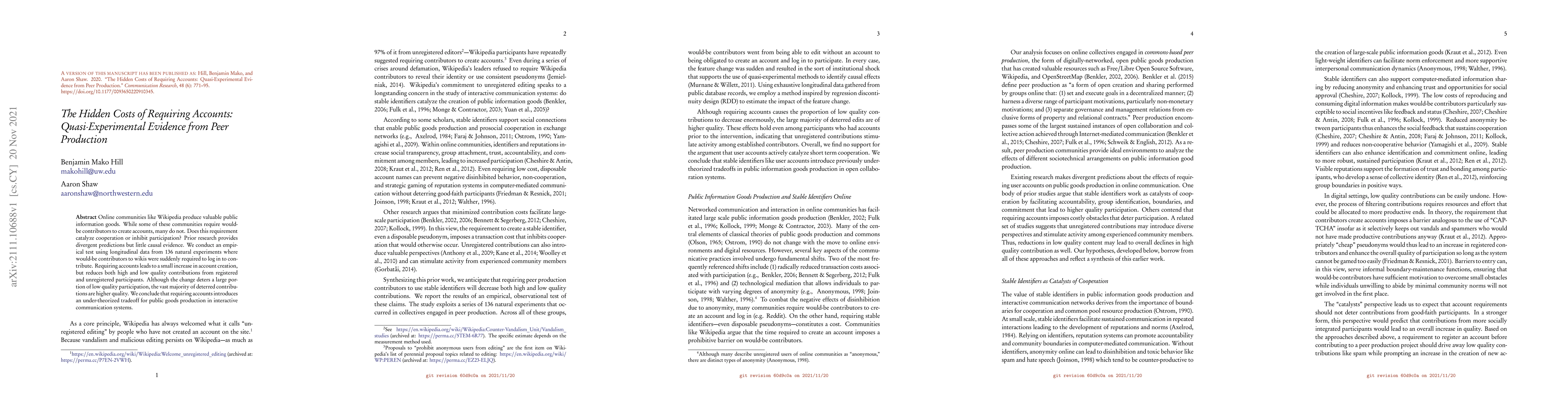 Thumbnail for The Hidden Costs of Requiring Accounts: Quasi-Experimental Evidence From
  Peer Production