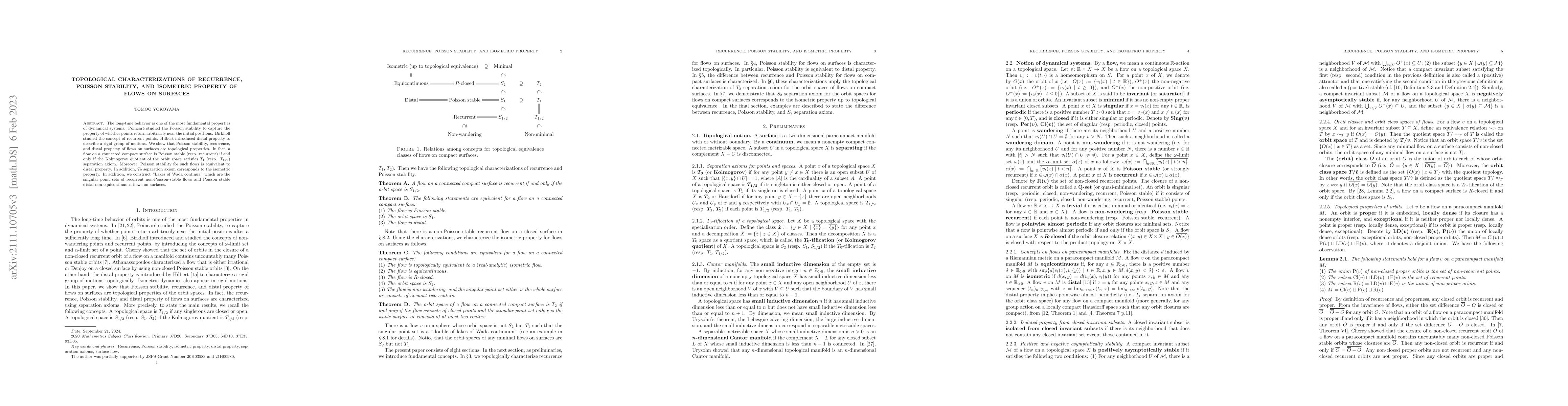 Thumbnail for Topological characterizations of recurrence, Poisson stability, and
  isometric property of flows on surfaces