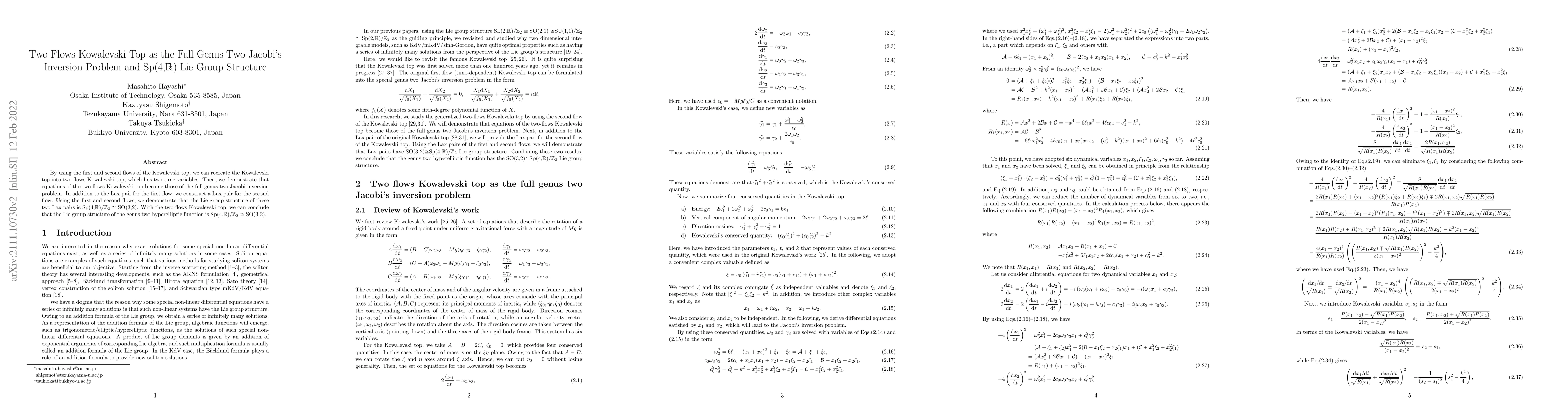 Thumbnail for Two Flows Kowalevski Top as the Full Genus Two Jacobi's Inversion
  Problem and Sp(4,$\mathbb{R}$) Lie Group Structure