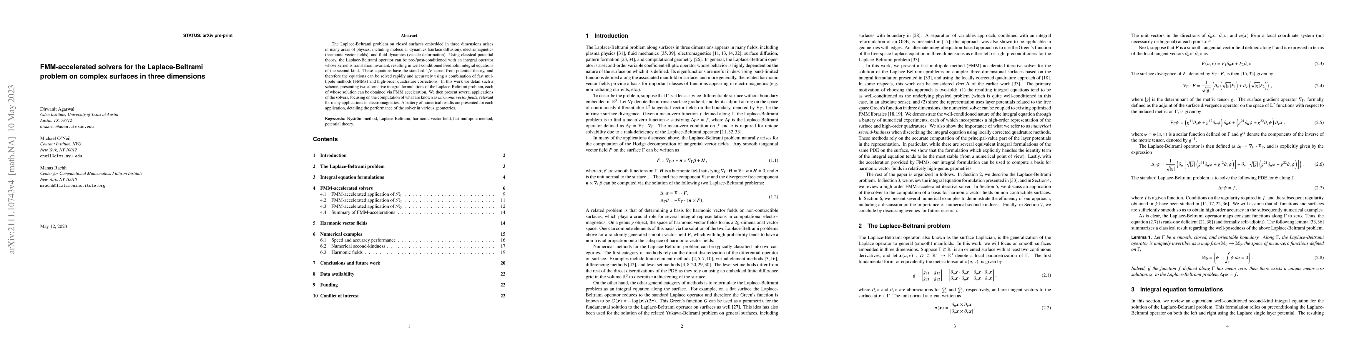 Thumbnail for FMM-accelerated solvers for the Laplace-Beltrami problem on complex
  surfaces in three dimensions
