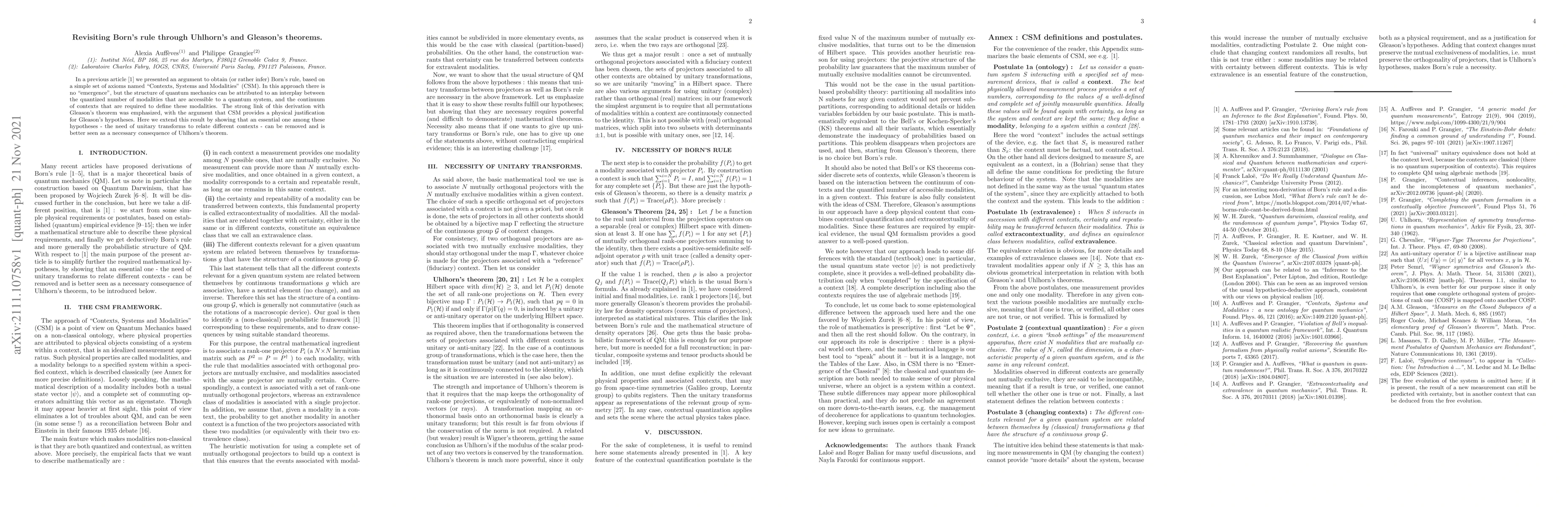 Thumbnail for Revisiting Born's rule through Uhlhorn's and Gleason's theorems