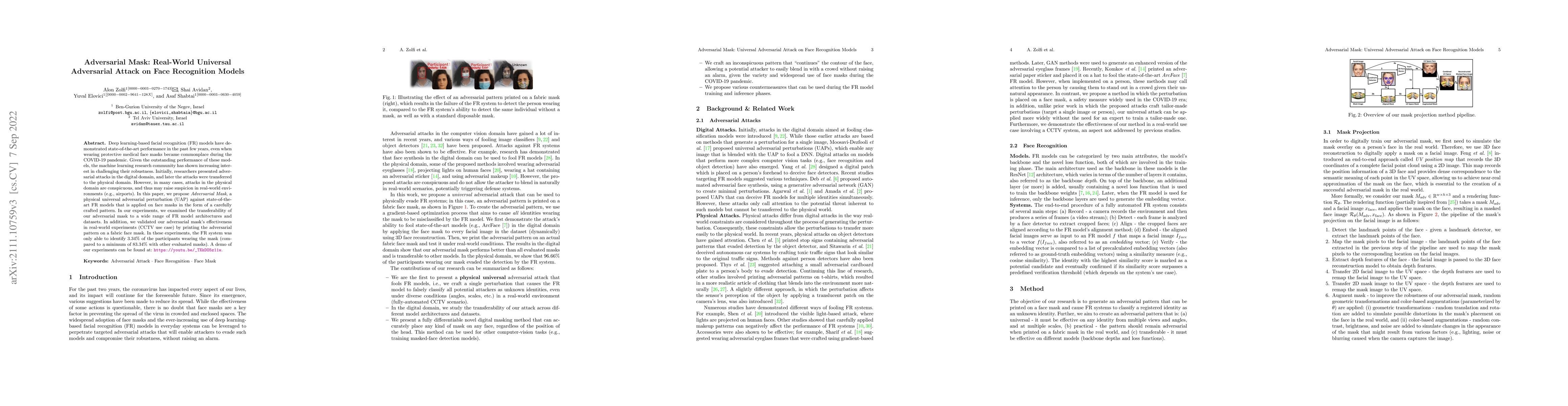 Thumbnail for Adversarial Mask: Real-World Universal Adversarial Attack on Face
  Recognition Model