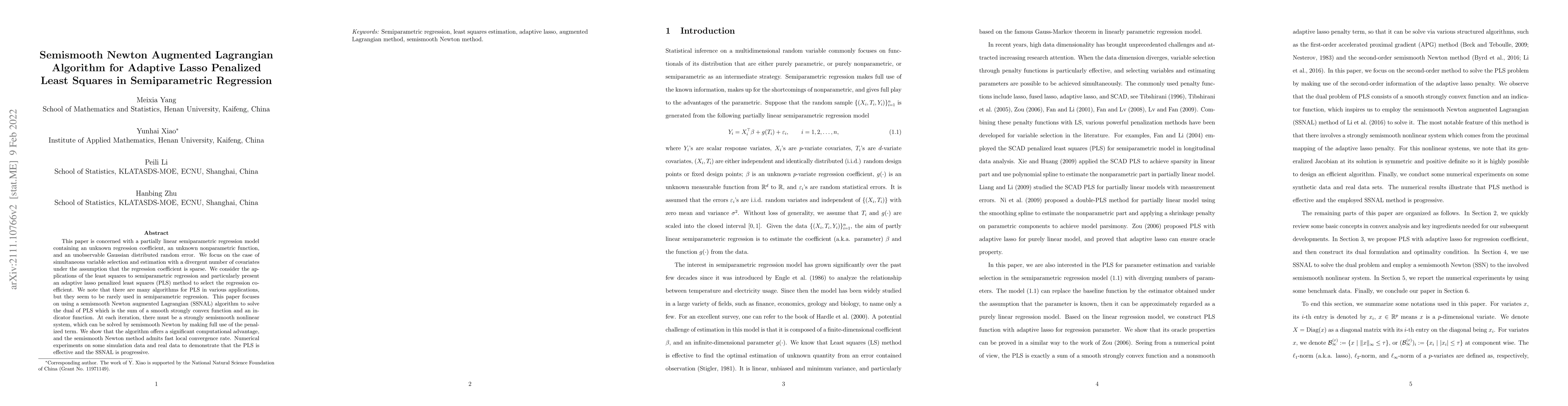 Thumbnail for Semismooth Newton Augmented Lagrangian Algorithm for Adaptive Lasso
  Penalized Least Squares in Semiparametric Regression