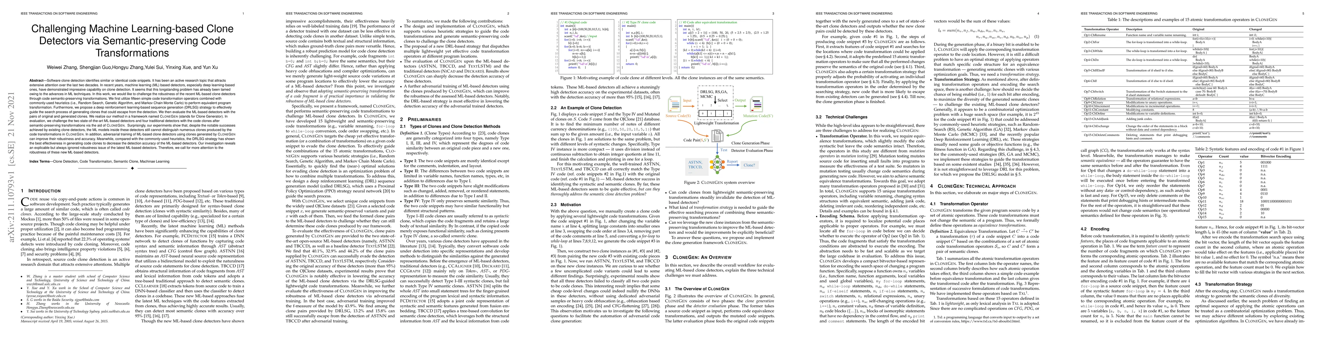 Thumbnail for Challenging Machine Learning-based Clone Detectors via
  Semantic-preserving Code Transformations