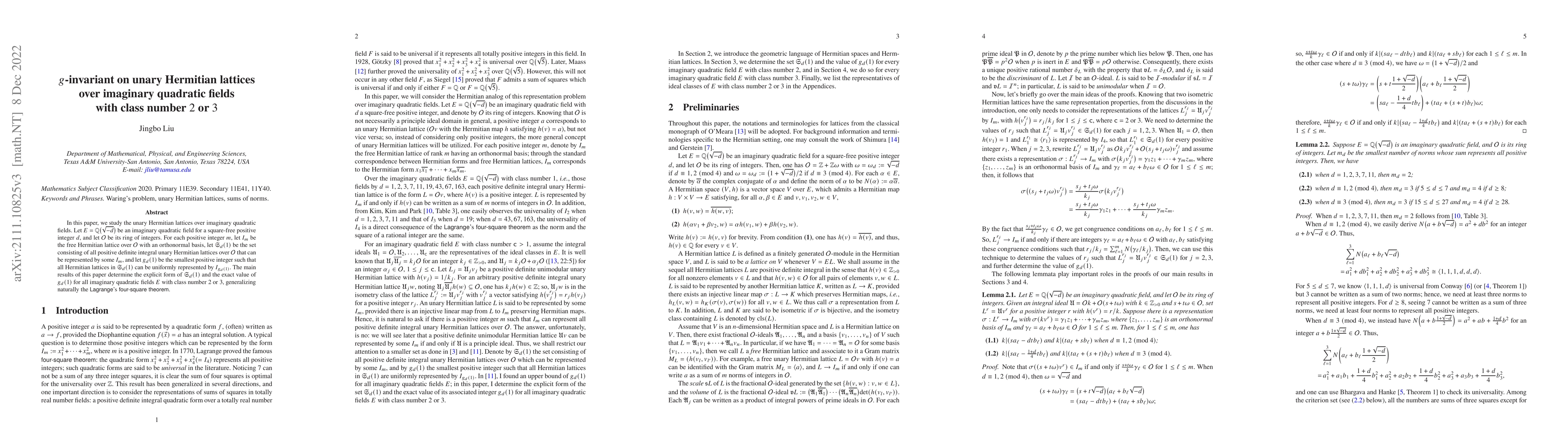 Thumbnail for $g$-invariant on unary Hermitian lattices over imaginary quadratic
  fields with class number $2$ or $3$