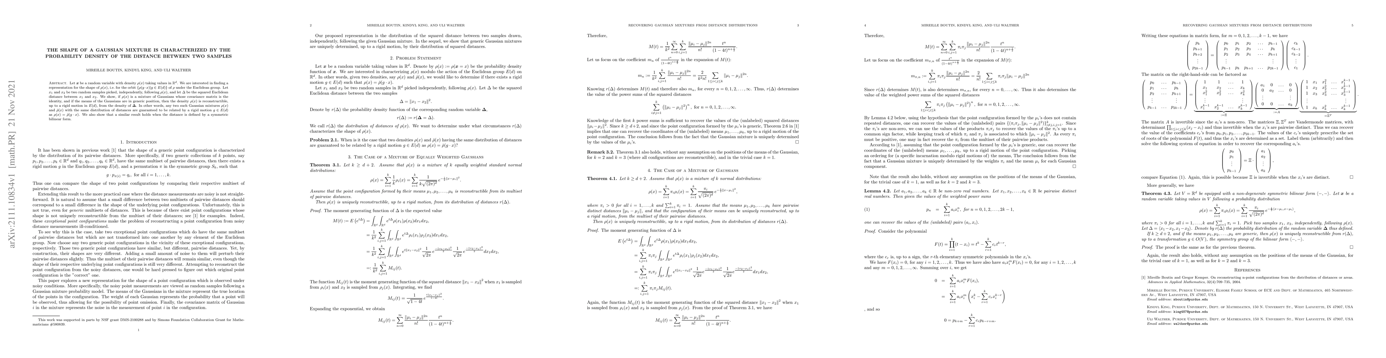 Thumbnail for The shape of a Gaussian mixture is characterized by the probability
  density of the distance between two samples