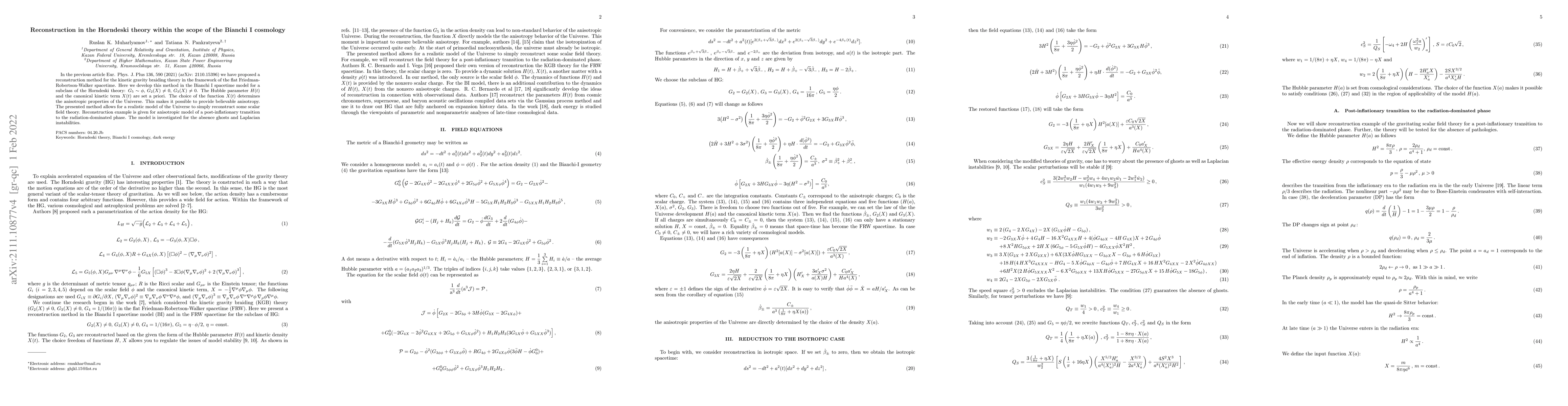Thumbnail for Reconstruction in the Horndeski theory within the scope of the Bianchi I
  cosmology