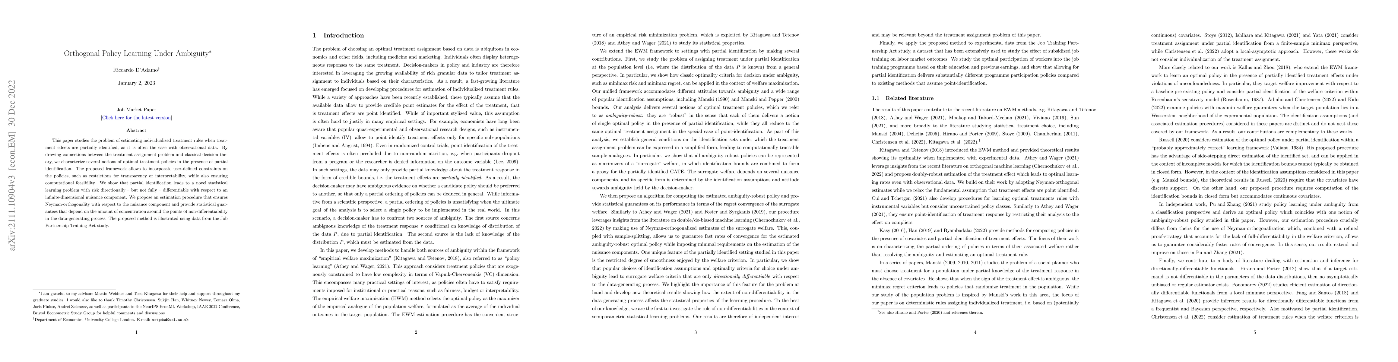 Thumbnail for Orthogonal Policy Learning Under Ambiguity