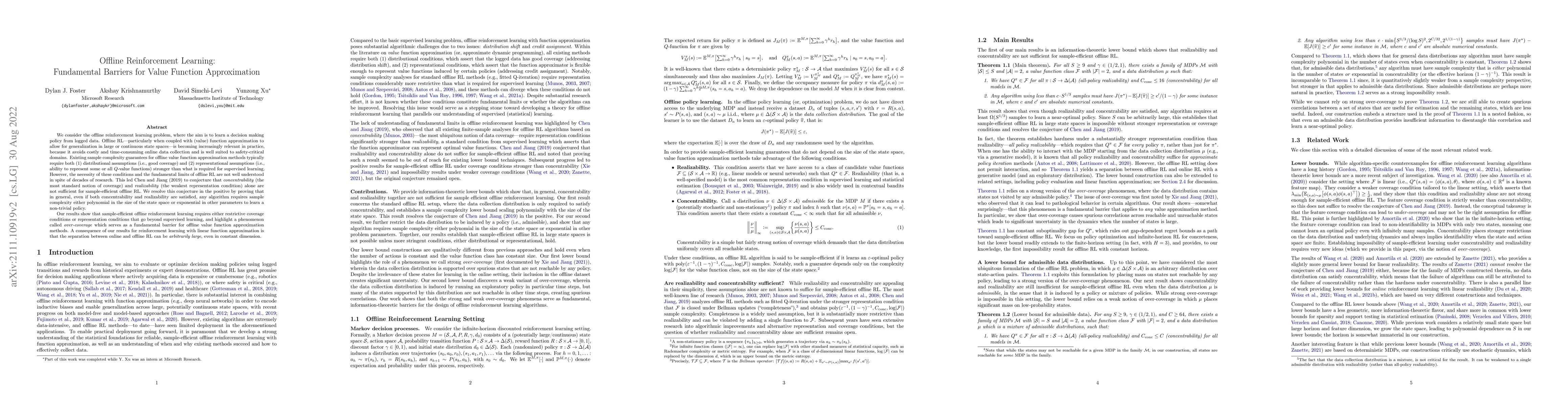 Thumbnail for Offline Reinforcement Learning: Fundamental Barriers for Value Function
  Approximation