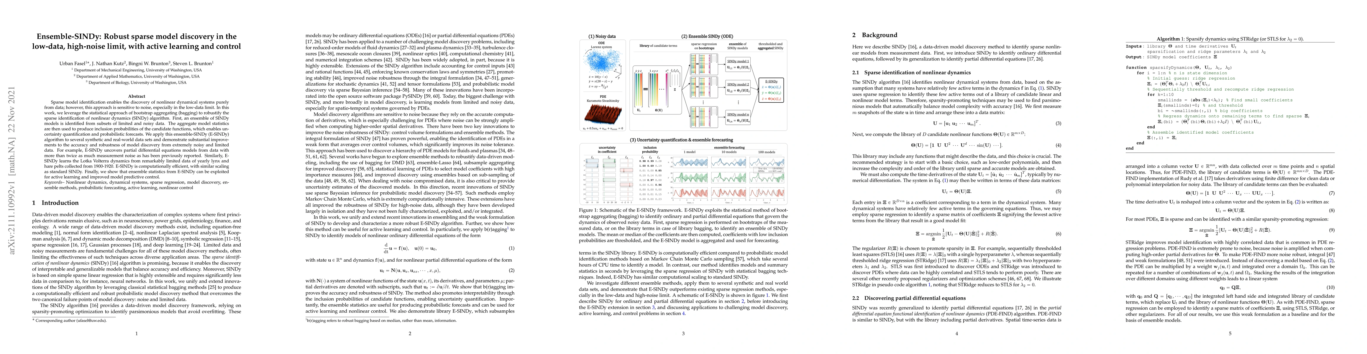Thumbnail for Ensemble-SINDy: Robust sparse model discovery in the low-data,
  high-noise limit, with active learning and control