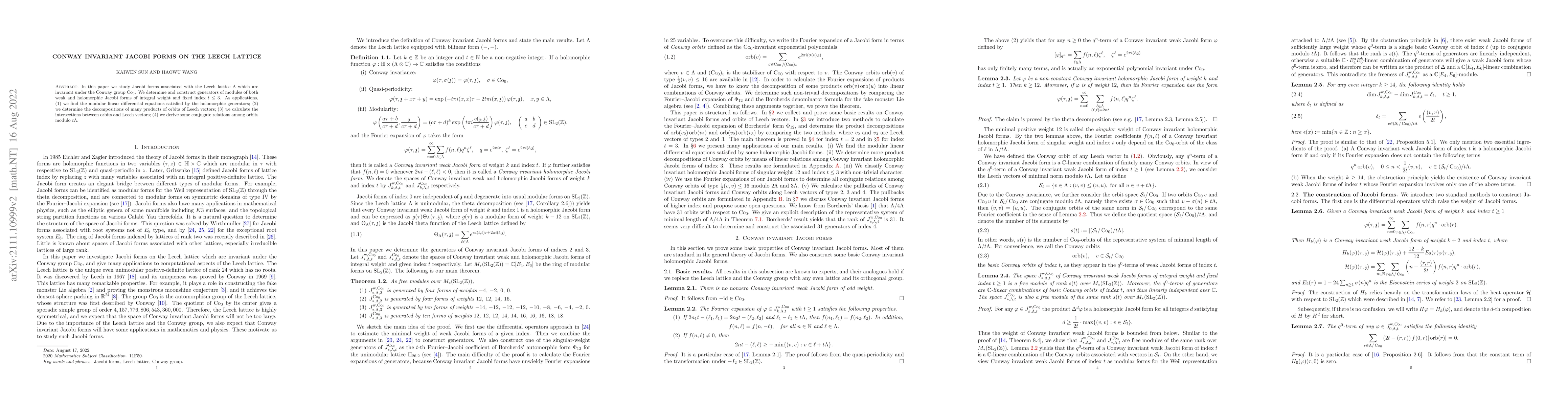Thumbnail for Conway invariant Jacobi forms on the Leech lattice