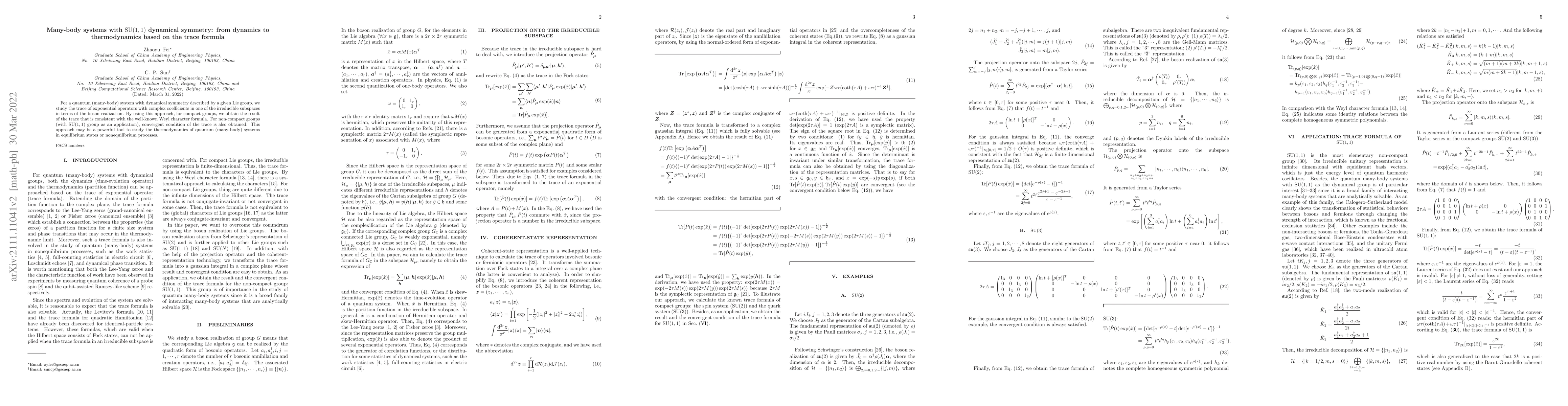 Thumbnail for Many-body systems with SU(1,1) dynamical symmetry: from dynamics to
  thermodynamics based on the trace formula