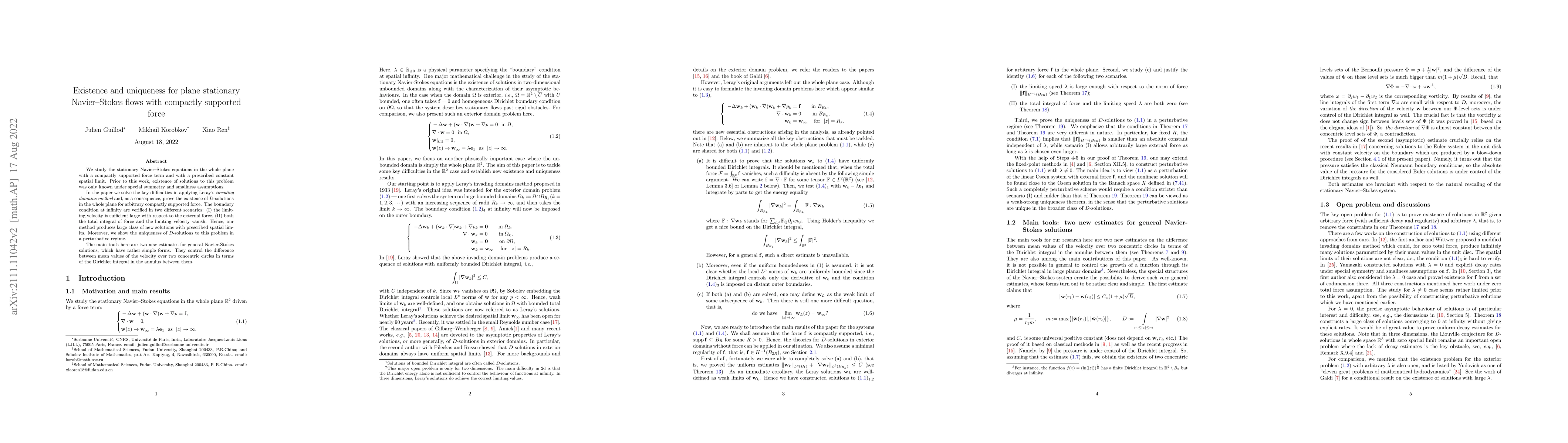 Thumbnail for Existence and uniqueness for plane stationary Navier-Stokes flows with
  compactly supported force