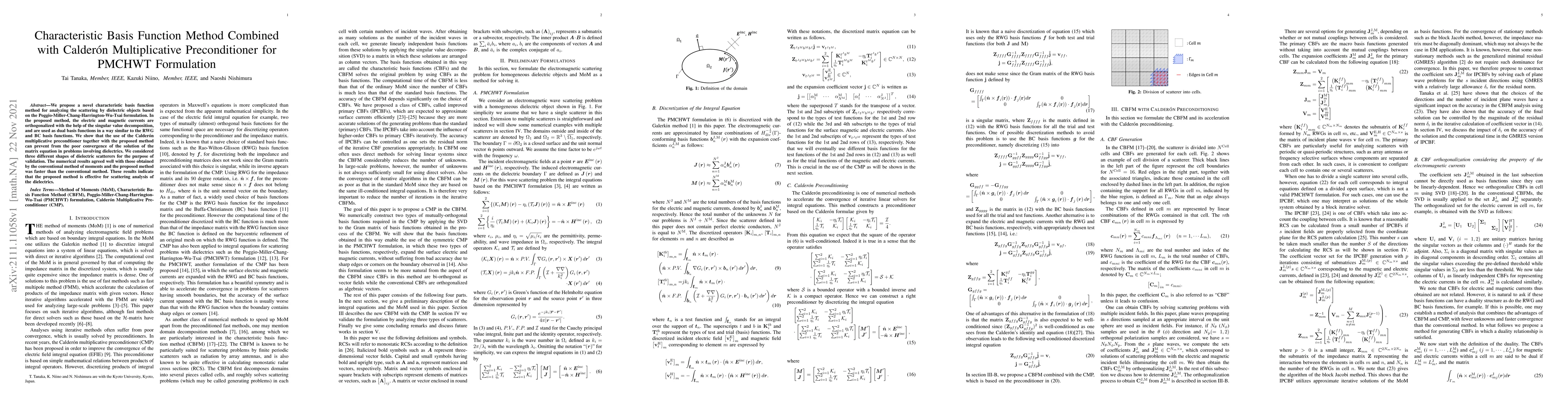 Thumbnail for Characteristic Basis Function Method Combined with Calder\'{o}n
  Multiplicative Preconditioner for PMCHWT Formulation