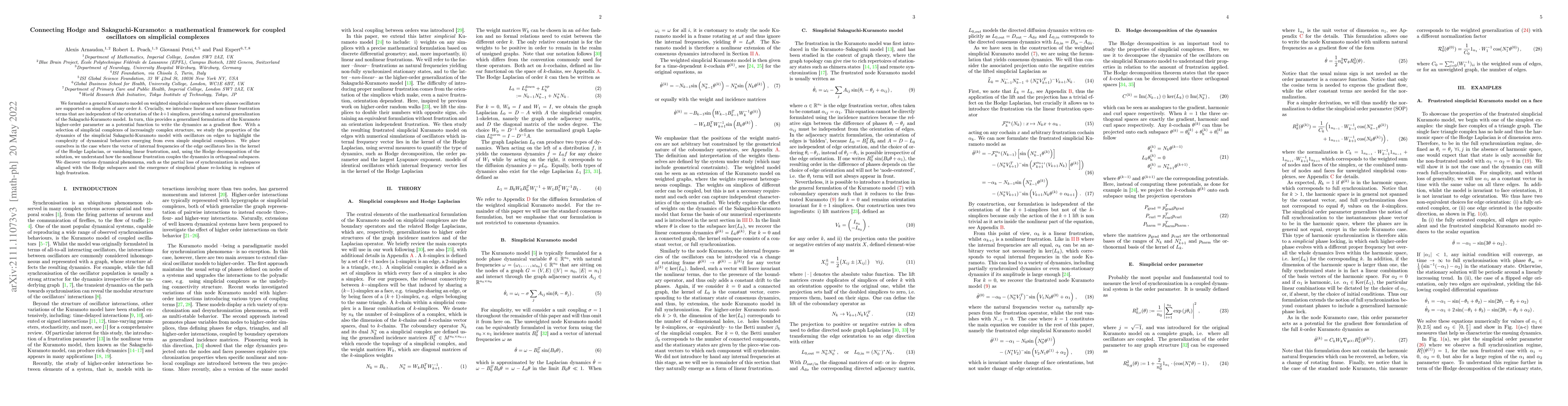 Thumbnail for Connecting Hodge and Sakaguchi-Kuramoto: a mathematical framework for
  coupled oscillators on simplicial complexes