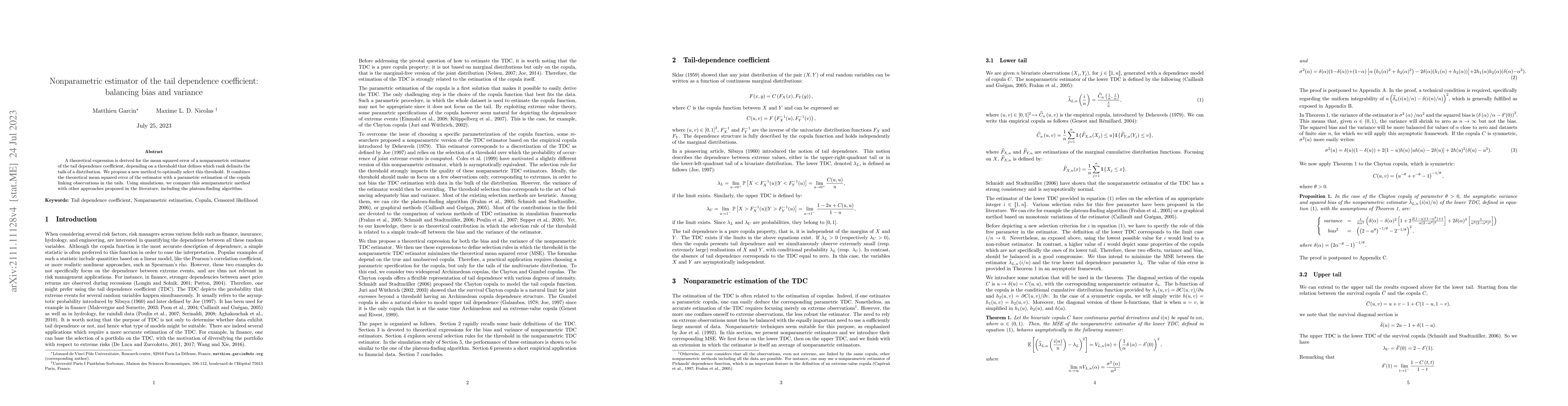 Thumbnail for Nonparametric estimator of the tail dependence coefficient: balancing
  bias and variance