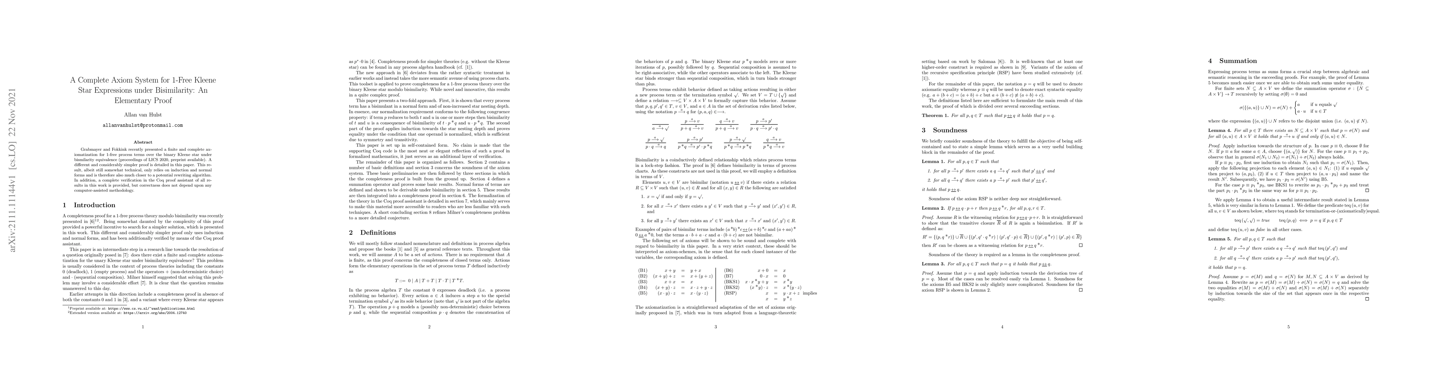 Thumbnail for A Complete Axiom System for 1-Free Kleene Star Expressions under
  Bisimilarity: An Elementary Proof