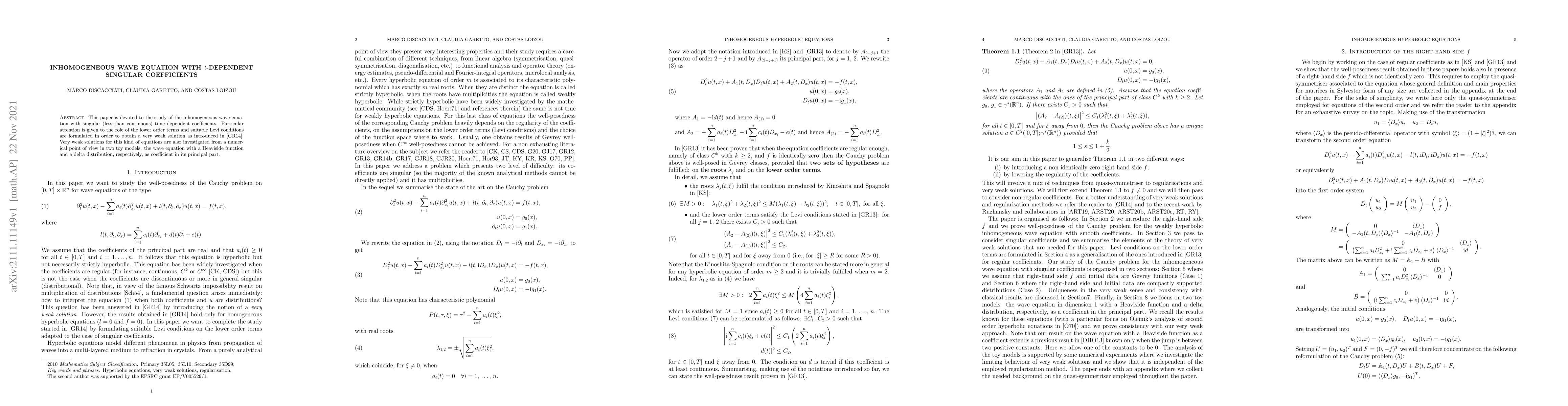 Thumbnail for Inhomogeneous wave equation with $t$-dependent singular coefficients