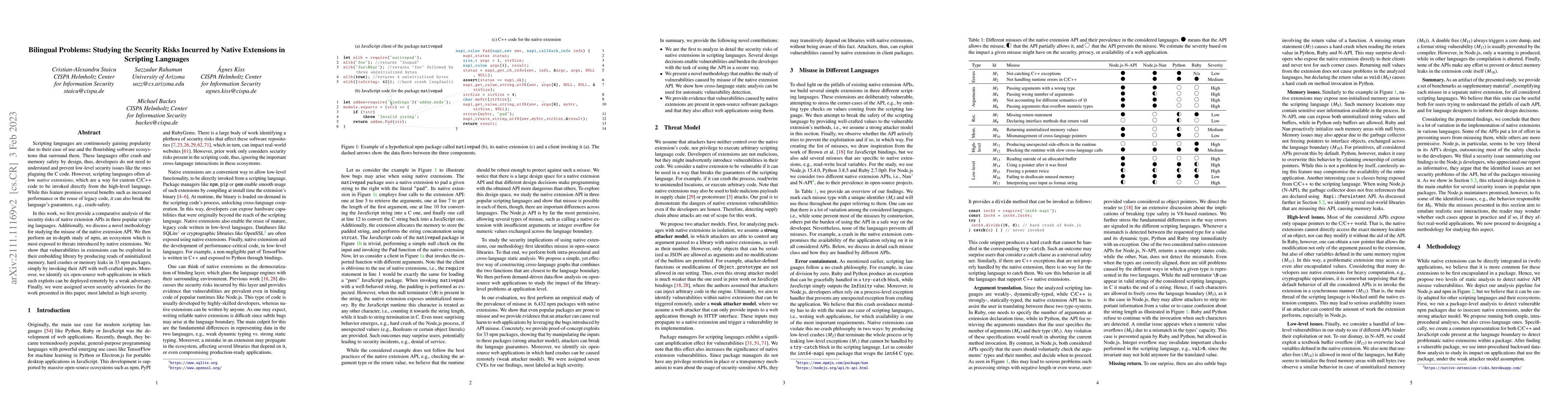Thumbnail for Bilingual Problems: Studying the Security Risks Incurred by Native
  Extensions in Scripting Languages