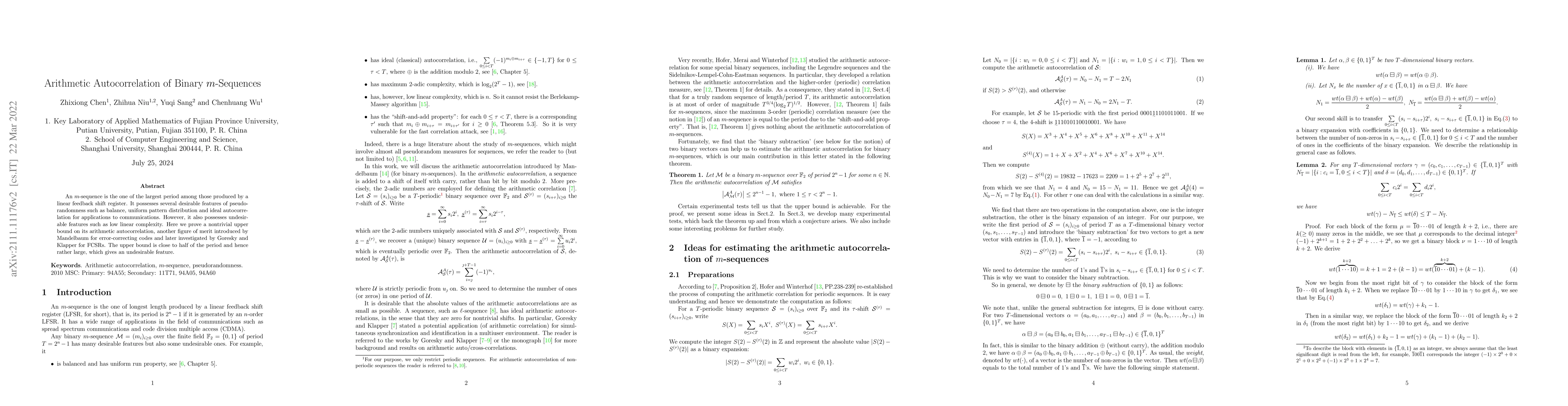 Thumbnail for Arithmetic Autocorrelation of Binary $m$-Sequences