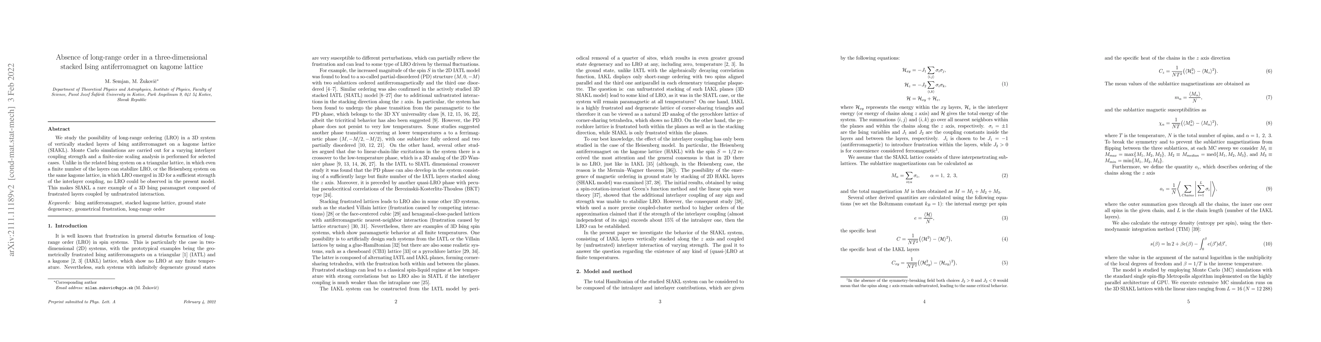 Thumbnail for Absence of long-range order in a three-dimensional stacked Ising
  antiferromagnet on kagome lattice
