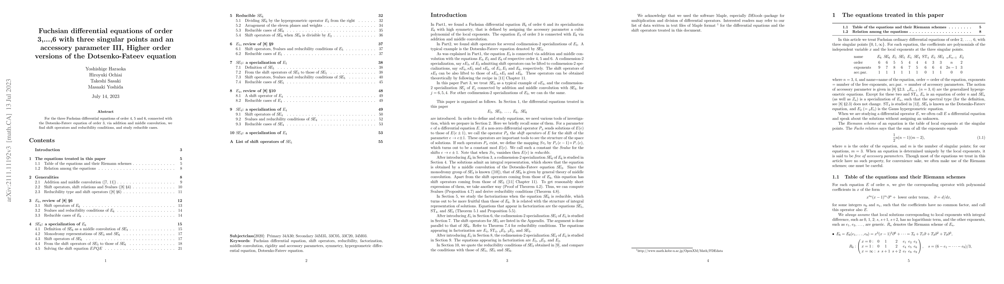 Thumbnail for Fuchsian differential equations of order 3,...,6 with three singular
  points and an accessory parameter III, Higher order versions of the
  Dotsenko-Fateev equation