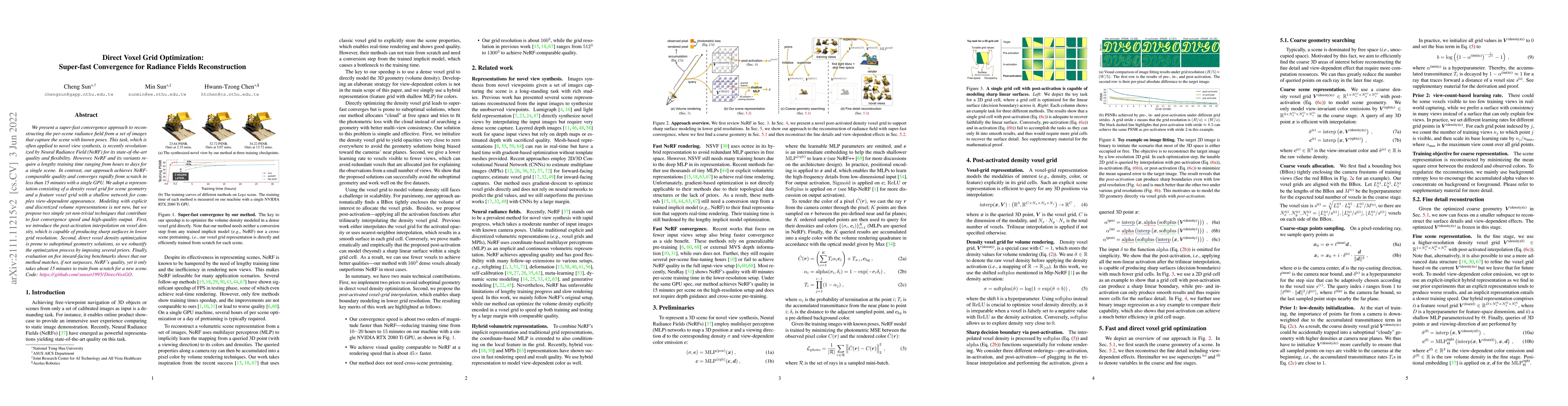 Thumbnail for Direct Voxel Grid Optimization: Super-fast Convergence for Radiance
  Fields Reconstruction